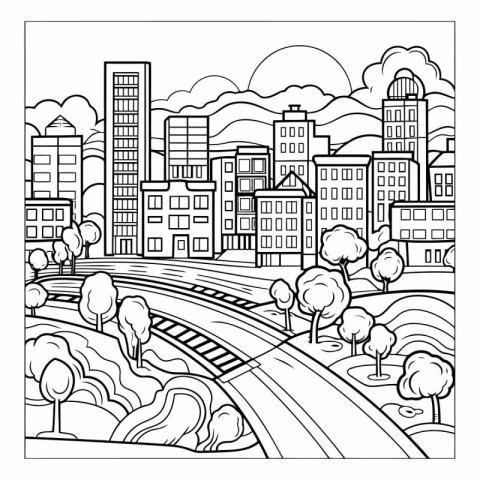 Cityscape with road. trees and clouds. Coloring book for adults.