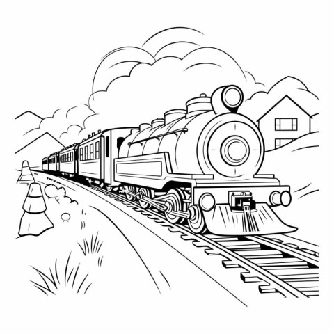 Steam locomotive on the railroad tracks. Black and white vector