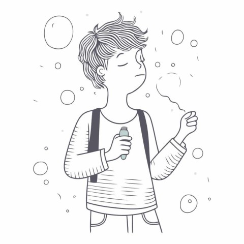 Boy blowing soap bubbles in doodle style.