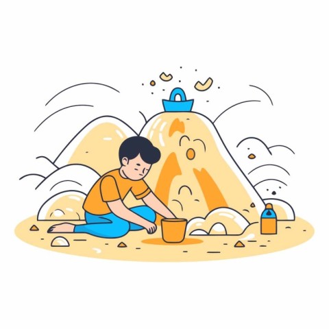 Vector illustration of man building sandcastle on the beach. Fla