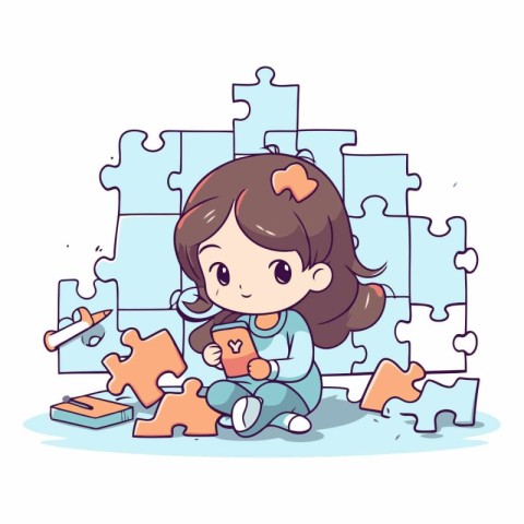 Cute little girl playing with puzzle pieces. Vector cartoon illu