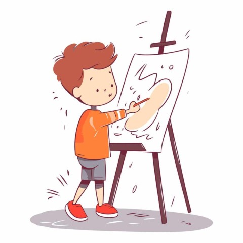 Cute little boy painting a picture on easel vector Illustration