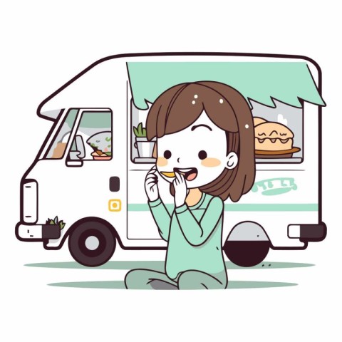 Illustration of a young woman eating a sandwich in front of a tr