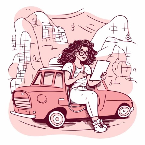 Young woman sitting on car and reading a book.