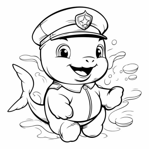 Black and White Cartoon Illustration of Cute Little Baby Police