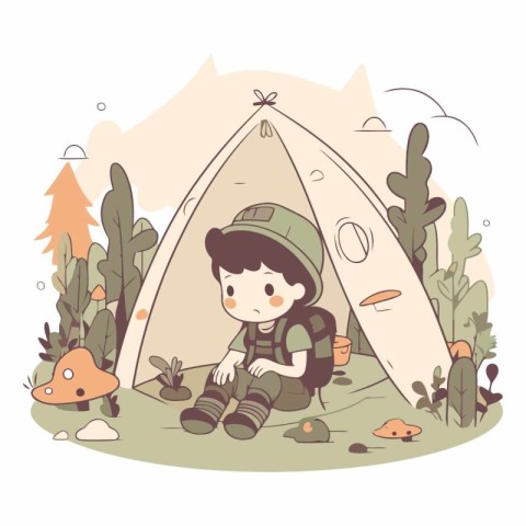 Cute little boy in a tent in the forest