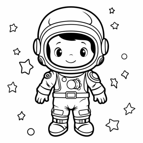 Black and White Cartoon Illustration of Kid Astronaut Character