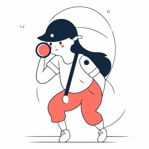 Vector illustration of a girl in a baseball cap playing with a b