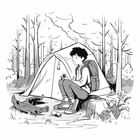 Young man camping in the forest in sketch style.