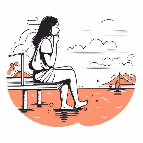 Girl sitting on the bench in the sea in cartoon style.