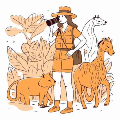 Vector illustration of a tourist with a dog and a giraffe.