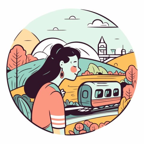 Vector illustration of a girl with a train in the background of