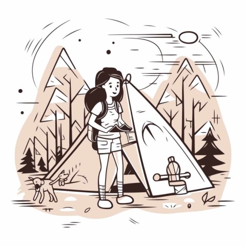 Young woman hiking in the mountains. sketch style.