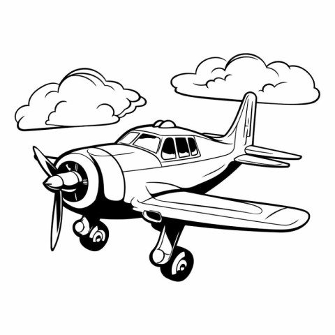 Airplane flying in the clouds on white background.