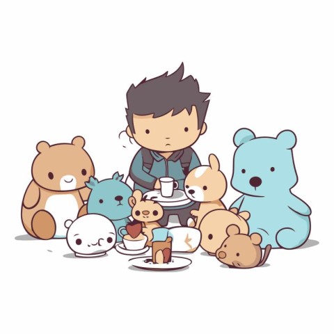 Cute cartoon boy with many teddy bears.