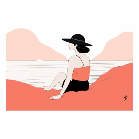 Vector illustration of a girl sitting on the sand by the sea.