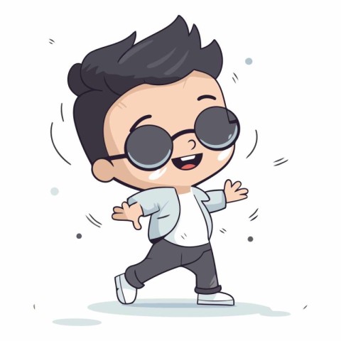 Cute boy in sunglasses walking and smiling. Vector cartoon illus