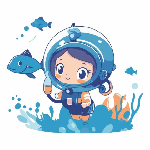 Cute little girl in space suit swimming with fish.