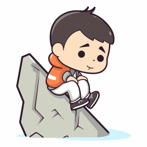 Boy Climbing on Rock - Cute Cartoon Style Vector Illustration