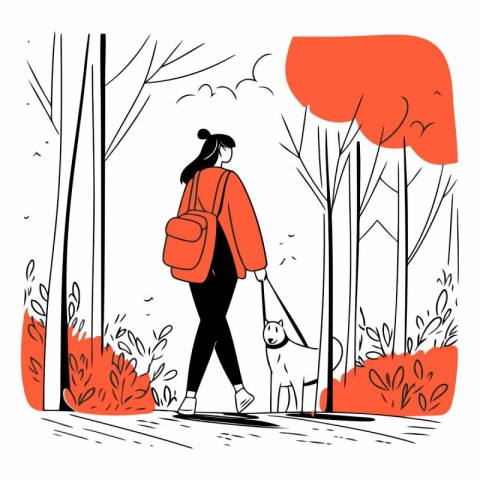 Vector illustration of a girl walking with a dog in the park.