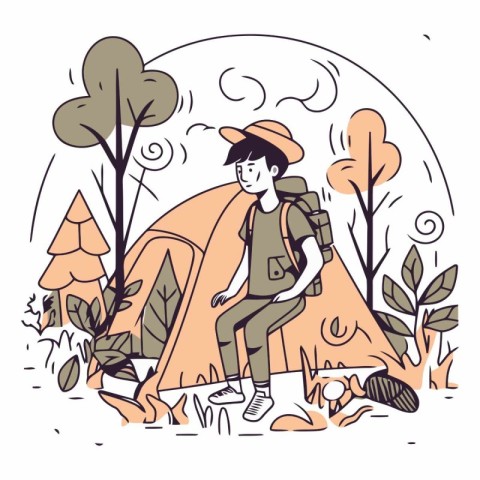 Vector illustration of hiker with backpack and tent in the fores