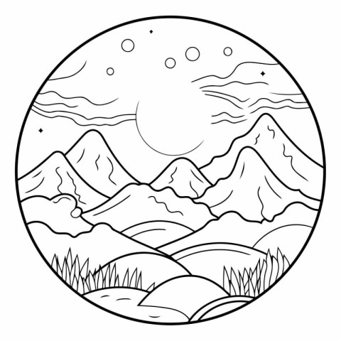 Mountain landscape in a circle. Coloring book for children.