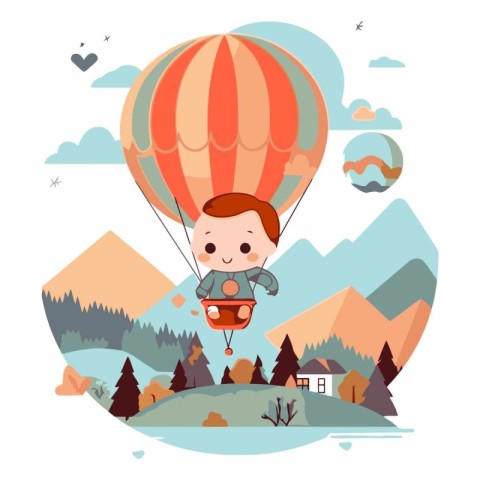 Cute boy flying in a hot air balloon.