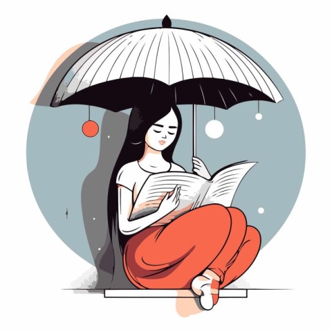 Young woman reading a book under an umbrella in cartoon style.