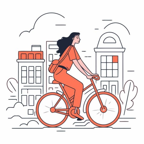 Vector illustration of a woman riding a bicycle on the city stre