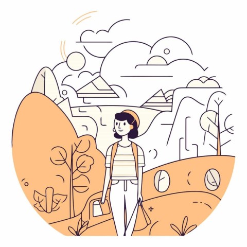 Tourist woman with backpack and hat walking in nature vector ill