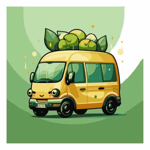 Vector illustration of a yellow van with fresh fruit on the back