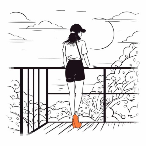 Young woman standing on the balcony in flat style.