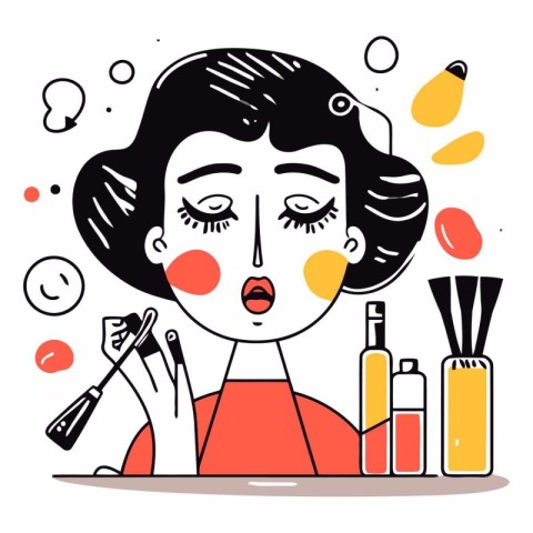 Vector illustration of a woman applying make-up with various cos