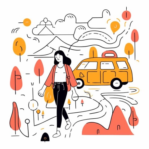 Vector illustration of a girl walking on the road in a city park