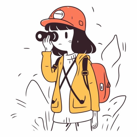 Tourist girl with binoculars in sketch style