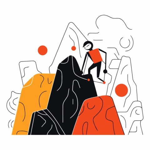 Vector illustration of a mountain climber on top of a mountain.