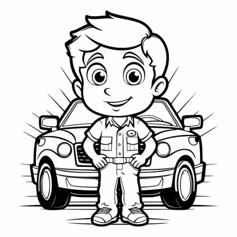 Black and White Cartoon Illustration of Kid Car Repairman or Mec