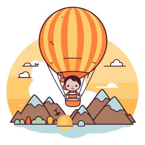 Vector illustration of a boy flying on a hot air balloon over th