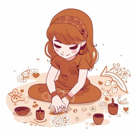 Beautiful young woman making tea. Hand drawn vector illustration