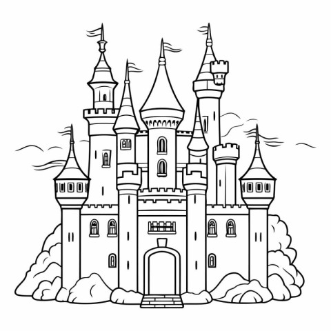 Fairytale castle. Black and white vector illustration for colori