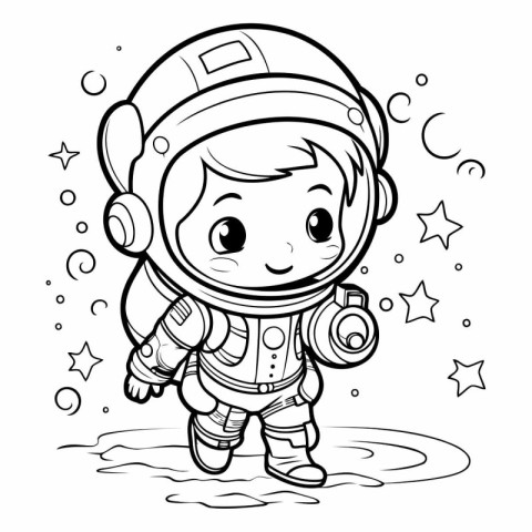 Cute Cartoon Astronaut. Black and white vector illustration for