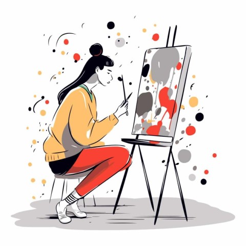 Artist painting a picture on easel in cartoon style.