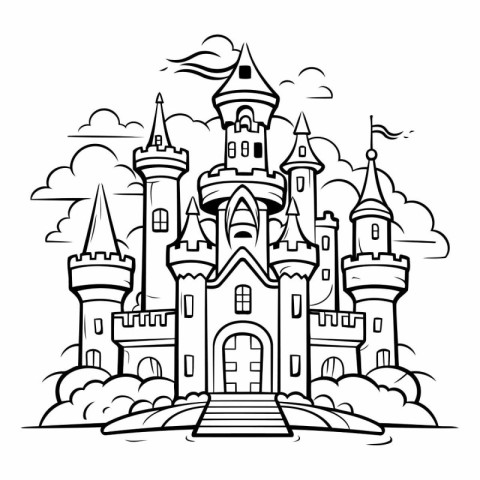 Cartoon castle. Fairytale castle. Black and white vector illustr