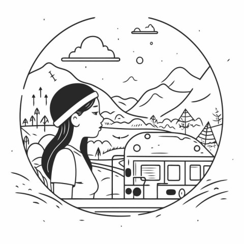 Woman tourist with a camper van in the mountains