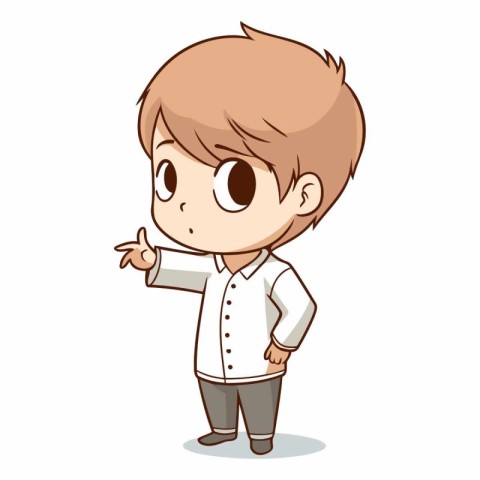 Boy pointing at something on white background in cartoon style.