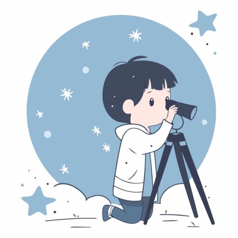 Boy looking through telescope in cartoon style on white backgrou