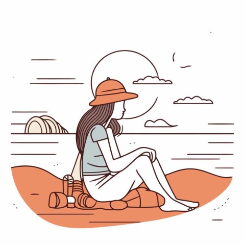 Young woman sitting on the beach in linear style.