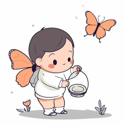 Cute little girl with butterfly and watering can.