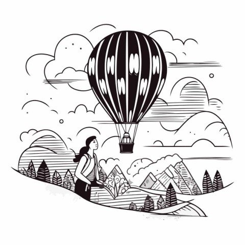 Woman with hot air balloon in the mountains. Hand drawn vector i