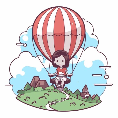 Cute girl flying in hot air balloon with mountain background vec